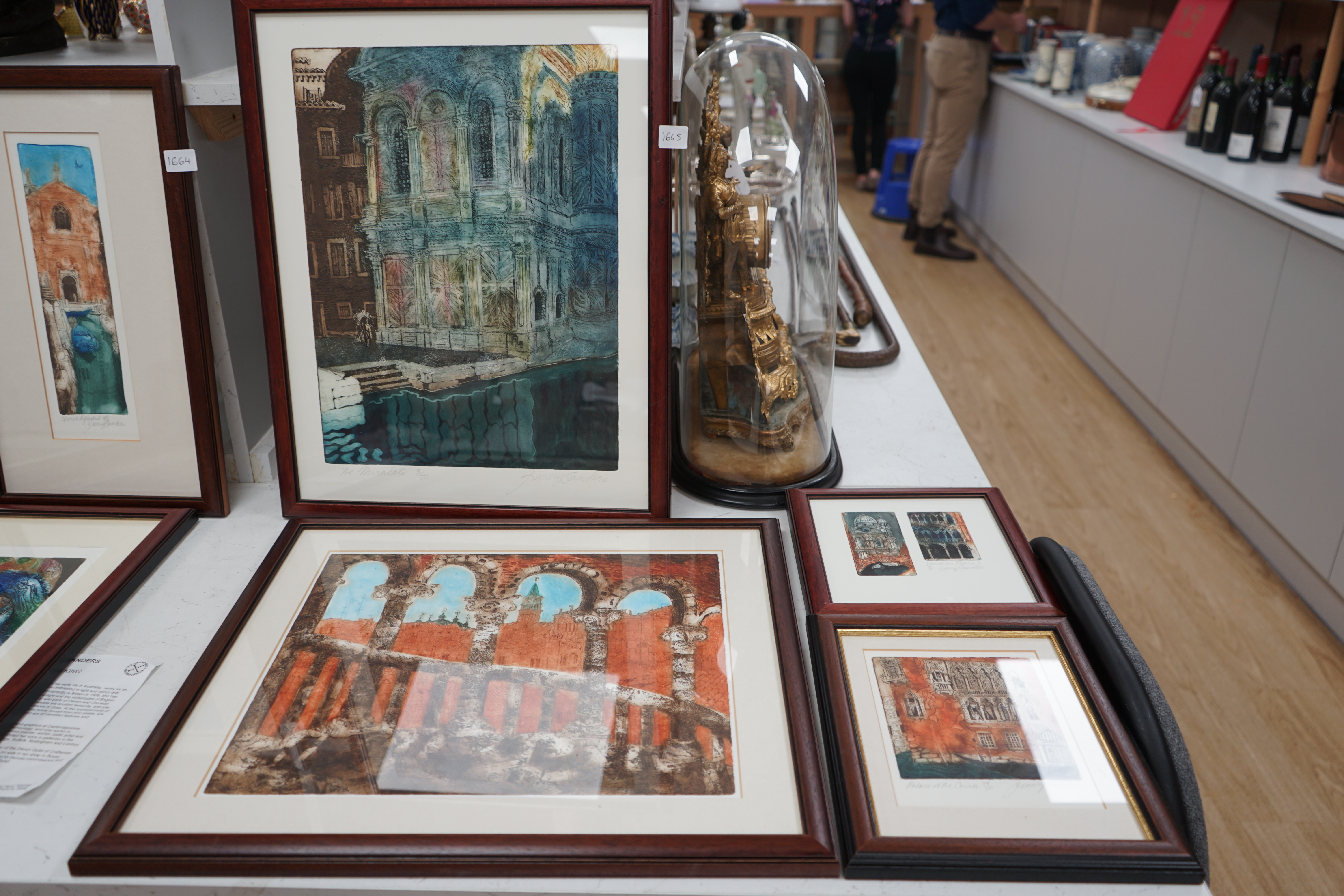 Jenny Sanders, four colour etchings, Venetian scenes including ‘Santa Maria Dei Miracoli’ and ‘View from the Bavolo’, three pencil signed and limited edition, largest 52 x 40cm. Condition - good